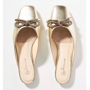 NWOT Anthropologie Guilhermina Gold Ballet Mules with Jeweled Bow